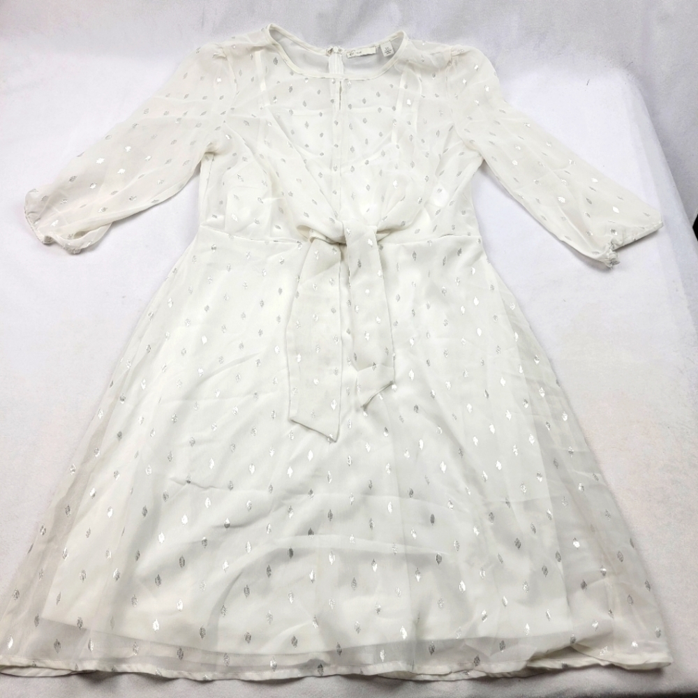 C est 1946 sheer tie waist silver design 3/4 sleeve dress